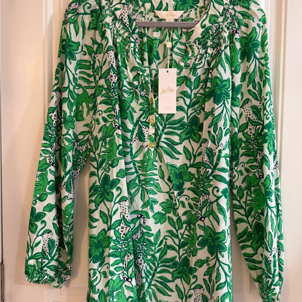 Lilly Pulitzer Green and White Floral Elsa Silk Blouse - NWT
